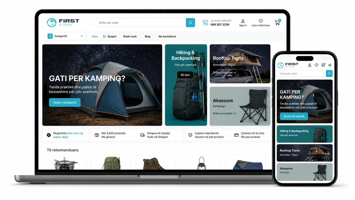 FirstStore.al - WooCommerce E-commerce Platform responsive website mockup