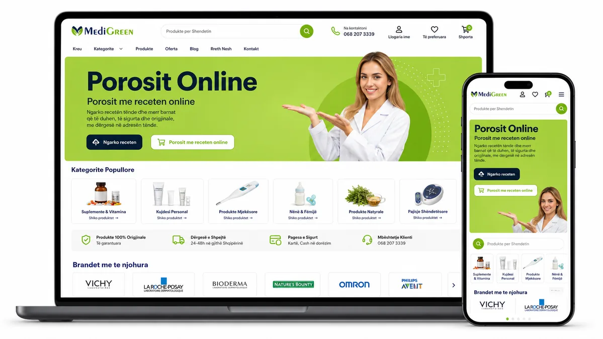 MediGreen Pharmacy E-commerce Website with Odoo Integration responsive website mockup